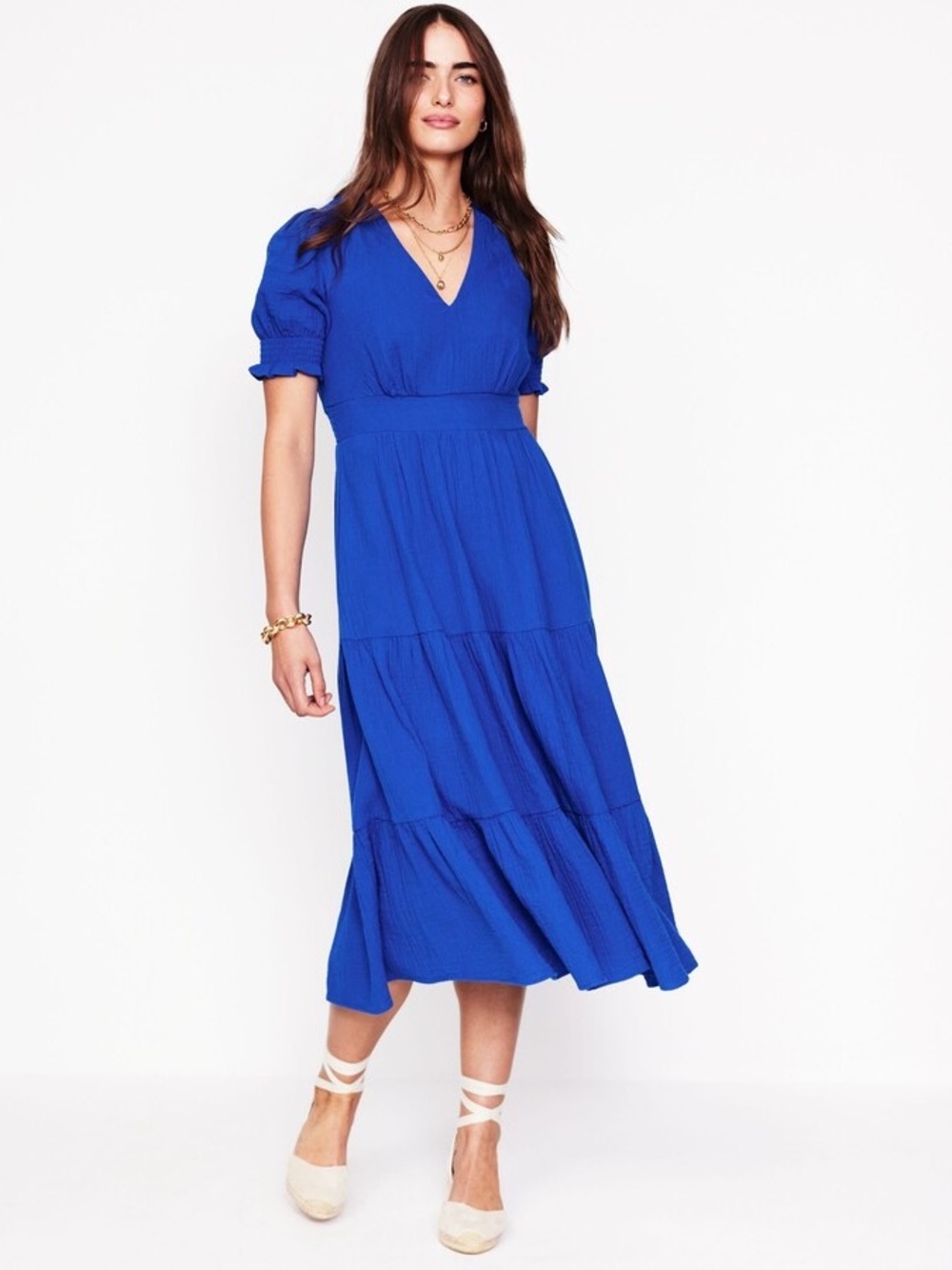 Boden Royal Blue V‑Neck Tiered Midi Dress